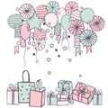 Vector background with paper Pom Poms, balloons and gifts