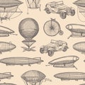 Vector pattern with steampunk hand drawn airships, Royalty Free Stock Photo