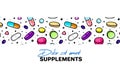 Vector background with pills and capsules. Medicine or dietary supplements. Doodle Royalty Free Stock Photo