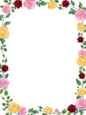 Vector background with pink and red rose flowers and green leaves. Floral Frame Royalty Free Stock Photo