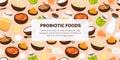 Vector background with probiotic foods. Best sources of probiotics. Beneficial bacteria improve health. Design for label