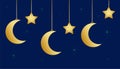 Vector background for the Ramadan holiday. Golden stars and moon on a blue background