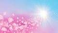 Vector background with realistic sakura petals and sun rays in sky. Template of flying voluminous blurred pink cherry Royalty Free Stock Photo