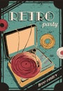 Vector background of retro party poster with illustration of vinyl player, vinyl record.