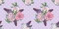 Vector background of roses, peonies, wisteria and forget-me-nots. Plants, garden and flowers. Spring and summer.