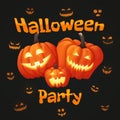 Halloween party poster with three smiling pumpkins and glowing faces.