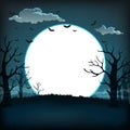 Dark blue night background with full super moon, clouds, bats and Royalty Free Stock Photo