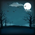 Spooky night background with full moon, clouds, bats, bare trees and dark blue sky. Royalty Free Stock Photo