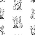 Seamless pattern of sitting cartoon domestic cats sketches