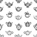 Seamless background of sketches of various teapots