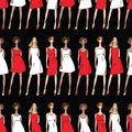 Seamless pattern of sketches fashionable slim women in red and white dresses