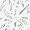 Vector background with stationery: pens, pencil, brush, pen.