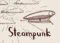 Vector background with steampunk hand drawn airship