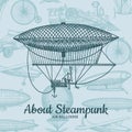 Vector background with steampunk hand drawn airships, air baloons, bicycles and cars with place for text Royalty Free Stock Photo