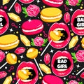 Vector background in style pop art with food and lips. Bad girl. Royalty Free Stock Photo