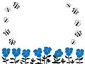Vector background with stylized pansies. It has blue flowers, butterflies Royalty Free Stock Photo