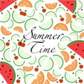 Vector background and text about summertime, fruit slices, berries, splashes of juice. Royalty Free Stock Photo