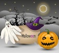 Vector background to Halloween with pumpkin, Ghost, hat and a moon Royalty Free Stock Photo