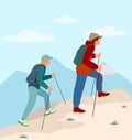 Vector background with tourists. Woman and man couple hiking in mountains. Travel concept of discovering, exploring and