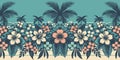 Vector background of tropical flowers and palm tree, tropical summer floral decoration illustration, generative ai Royalty Free Stock Photo