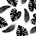 Vector background tropical leaves pattern. Black and white color