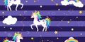 Vector background with unicorns, rainbow, constellations and other elements.