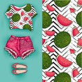 Vector background of watermelons. Vector illustration. Short top with fruits and shorts, feminine stylish look for summer.