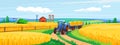 Vector background of a wheat field with a tractor, harvester and a farm