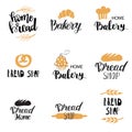 Vector Bakery, dessert shop or bakehouse logo set, tag or label design. Text and symbols on white background. Home baking logotype Royalty Free Stock Photo