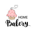 Vector Bakery, dessert shop or bakehouse logo, tag or label design. Home baking logotype lettering phrase and cute pink cupcake