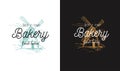 Vector Bakery logo, symbol with Windmill rural landscape. Pastry