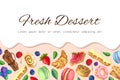 Vector bakery pastry background with desserts, berries, dripping cream and place for text. cute sweets and pastries pink