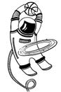 Vector balck and white cartoon illustration with asronaut playing basketball in space with planet ring