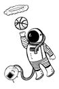 Vector balck and white cartoon illustration with asronaut playing basketball in space