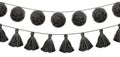 Vector Balck and White Tribal Pom Poms and Tassels Set On A String Horizontal Seamless Repeat Border Pattern. Great for