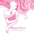 Vector bald woman after chemotherapy with pink ribbon on the background with dotted pink swirls. Breast Cancer Awareness Month.