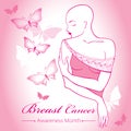 Vector bald woman after chemotherapy with ribbon on the pink background with dotted butterflies. Breast Cancer Awareness Month.