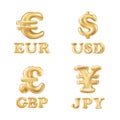 Vector balloon gold Dollar, Euro, Pound and Yen currency icons. Royalty Free Stock Photo