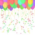 Vector balloons, ribbons and confetti in flat design on a transparent background.