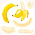 Vector banana. Sliced, whole, half banana. Royalty Free Stock Photo