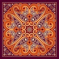 Vector bandana print with paisley ornament. Cotton or silk headscarf, kerchief square pattern design, oriental style