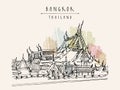 Vector Bangkok, Thailand, postcard in retro style. Wat Suthat Buddhist temple in the Thai capital Krungthep Mahanakorn. Travel