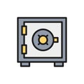 Vector bank safe, money deposit, security box, strongbox flat color line icon.