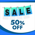 Vector banner for advertising discounts with text blue elements on clothespins flat design Royalty Free Stock Photo
