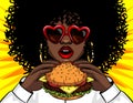 Vector banner african american woman eating a burger.