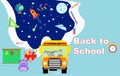 Vector banner back to school with happy students riding a school bus