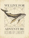 Retro travel banner with big whale and old map Royalty Free Stock Photo