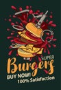 Vector banner with super burger in retro style Royalty Free Stock Photo