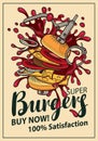 Vector banner with cheeseburger in retro style Royalty Free Stock Photo