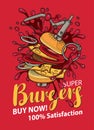 Vector banner with super burger in retro style Royalty Free Stock Photo